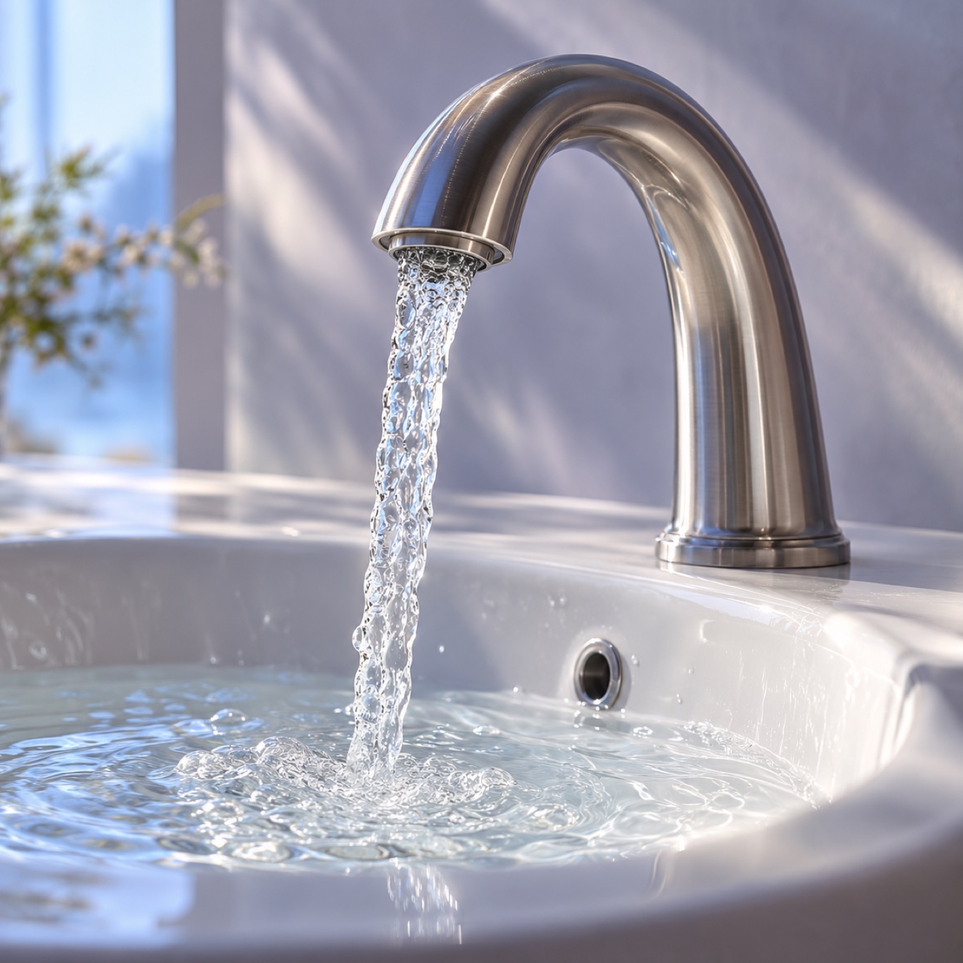Illustrative AI study of water flowing from a chrome faucet into a white basin